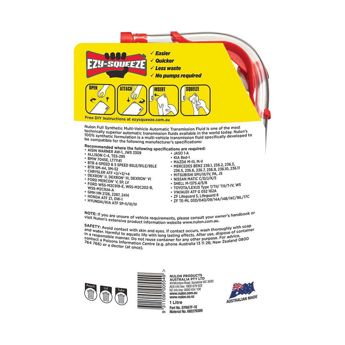 NULON EZY-SQUEEZE Multi-Vehicle Automatic Transmission Fluid - 1 Litre