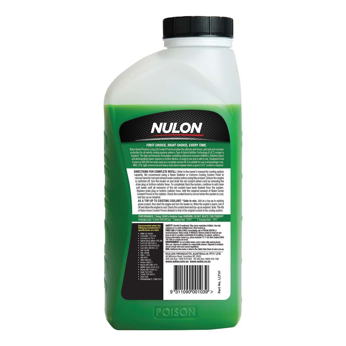 Nulon Green Long Life Anti-Freeze/Anti-Boil Coolant Premix - 1 Litre