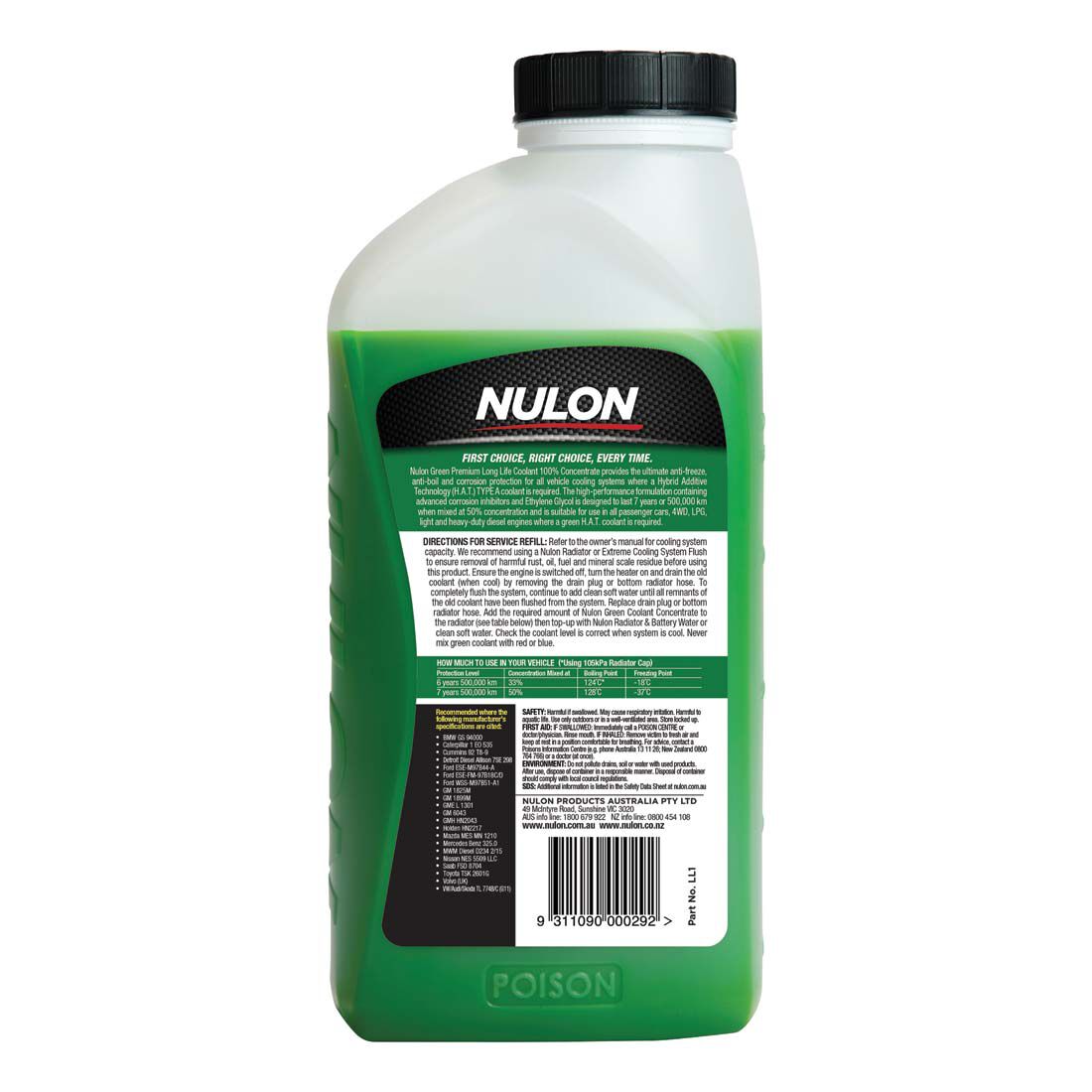 Nulon Green Long Life Anti-Freeze / Anti-Boil Coolant Concentrate - 1 Litre