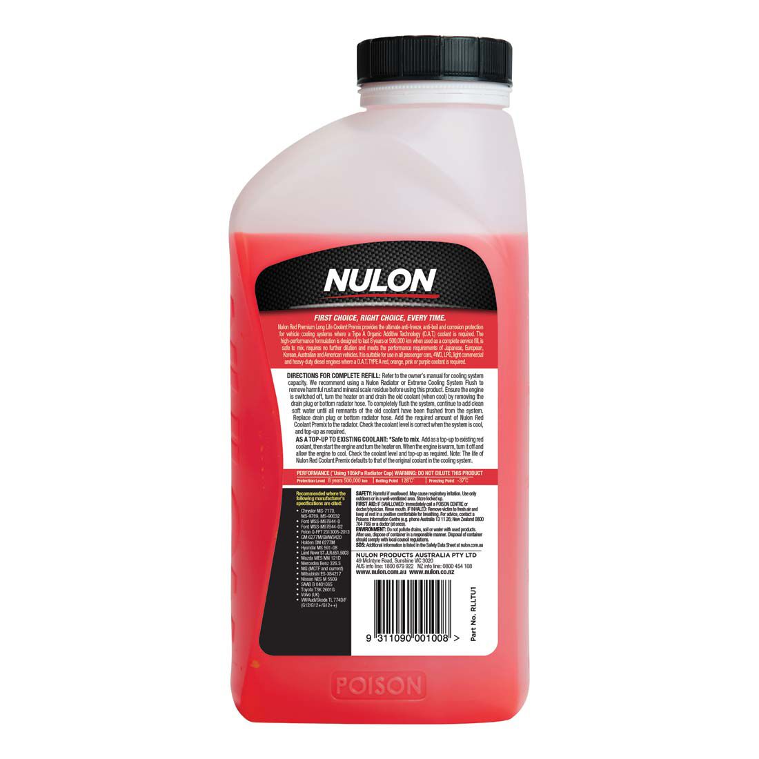 Nulon Red Long Life Anti-Freeze/Anti-Boil Coolant Premix - 1 Litre