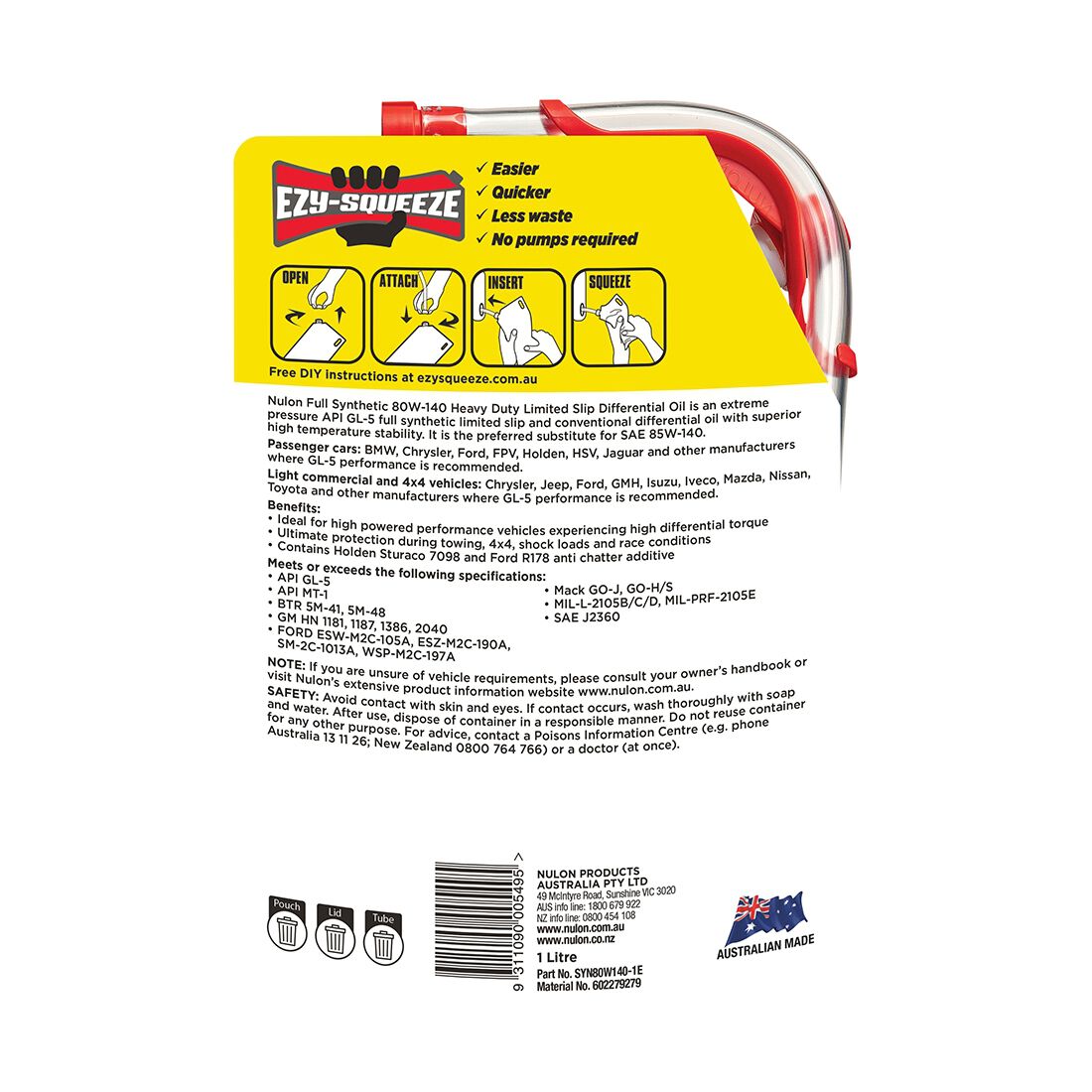 NULON EZY-SQUEEZE Heavy Duty Limited Slip Differential Oil - 80W-140, 1 Litre