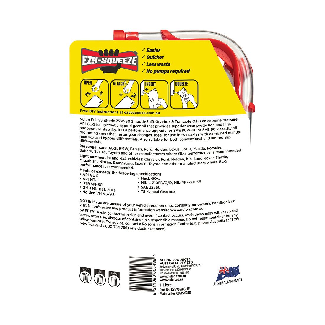 NULON EZY-SQUEEZE Performance Smooth Shift Manual Gearbox & Transaxle Oil - 75W-90, 1 Litre