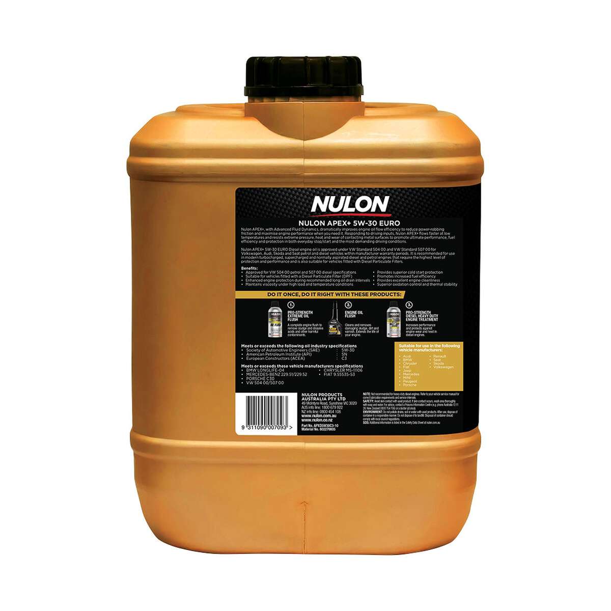 Nulon APEX+ 5W-30 Euro Petrol & Diesel Engine Oil – 10 Litre, angle view