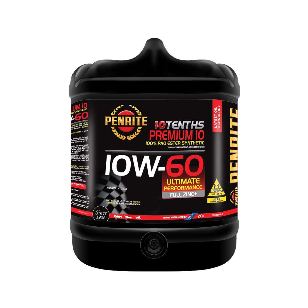 Penrite 10 Tenths Premium 10 100% PAO & Ester Synthetic Engine Oil 10W-60 20 Litre