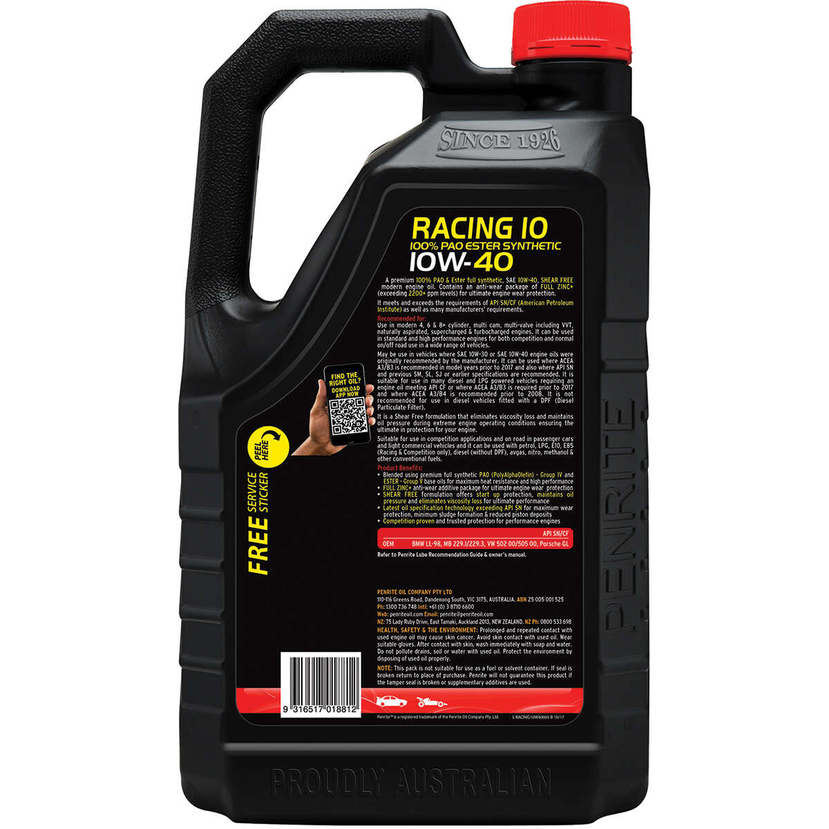 Penrite 10 Tenths Racing 10 Engine Oil - 10W-40 5 Litre, angle view