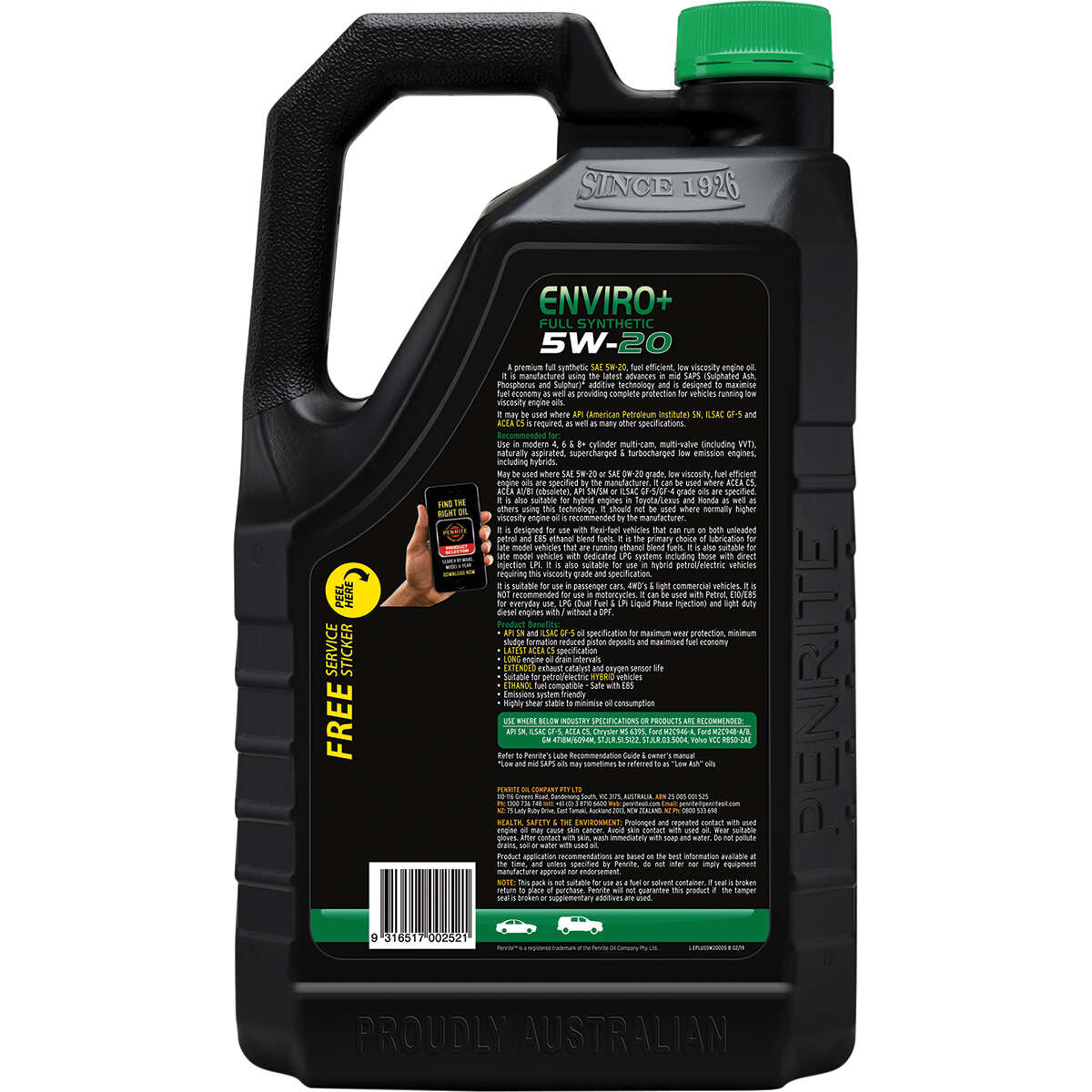 Penrite Enviro+ Engine Oil 5W-20 5 Litre, angle view