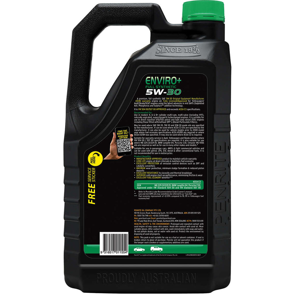 Penrite Enviro+ Engine Oil 5W-30 5 Litre, angle view