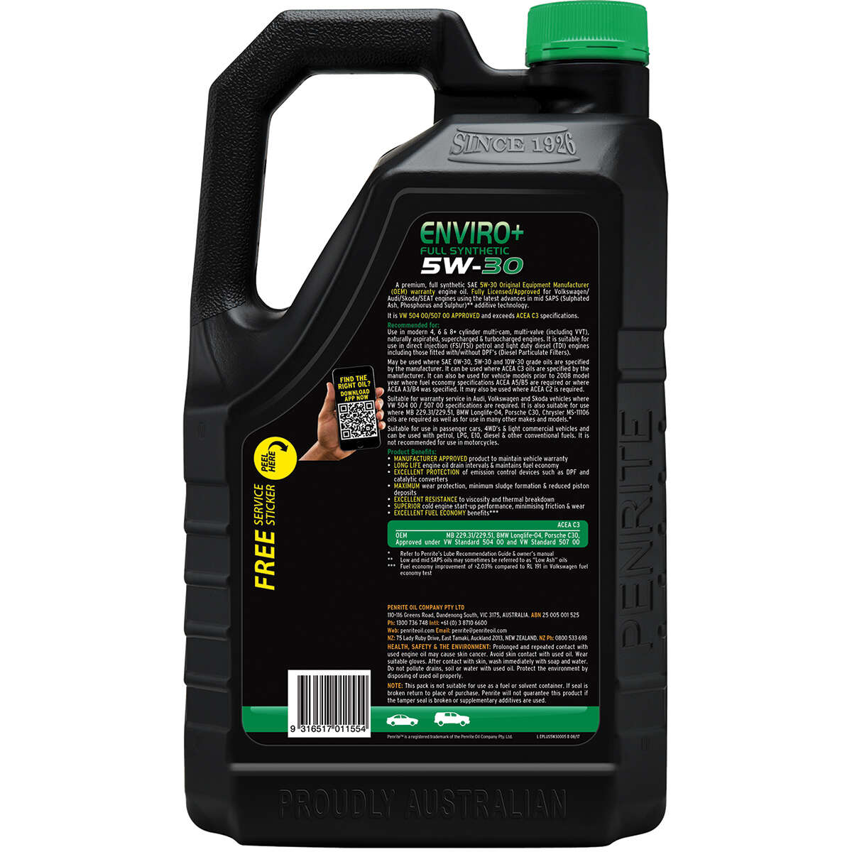 Penrite Enviro+ Engine Oil 5W-30 5 Litre, angle view