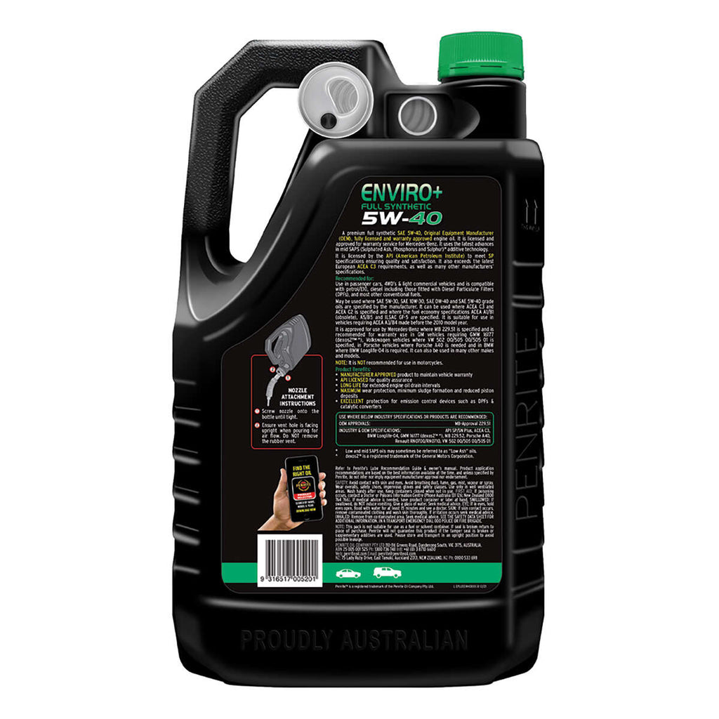 Penrite Enviro+ Engine Oil 5W-40 5 Litre, angle view