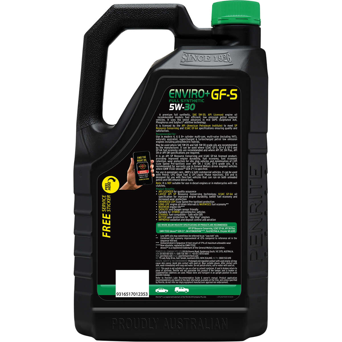 Penrite Enviro+ GF-S Engine Oil 5W-30 5 Litre, angle view