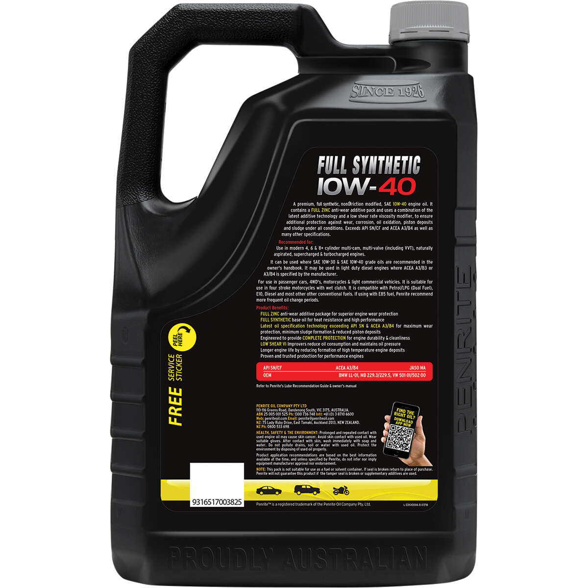 Penrite Full Synthetic Everyday Engine Oil 10W-40 6 Litre, angle view
