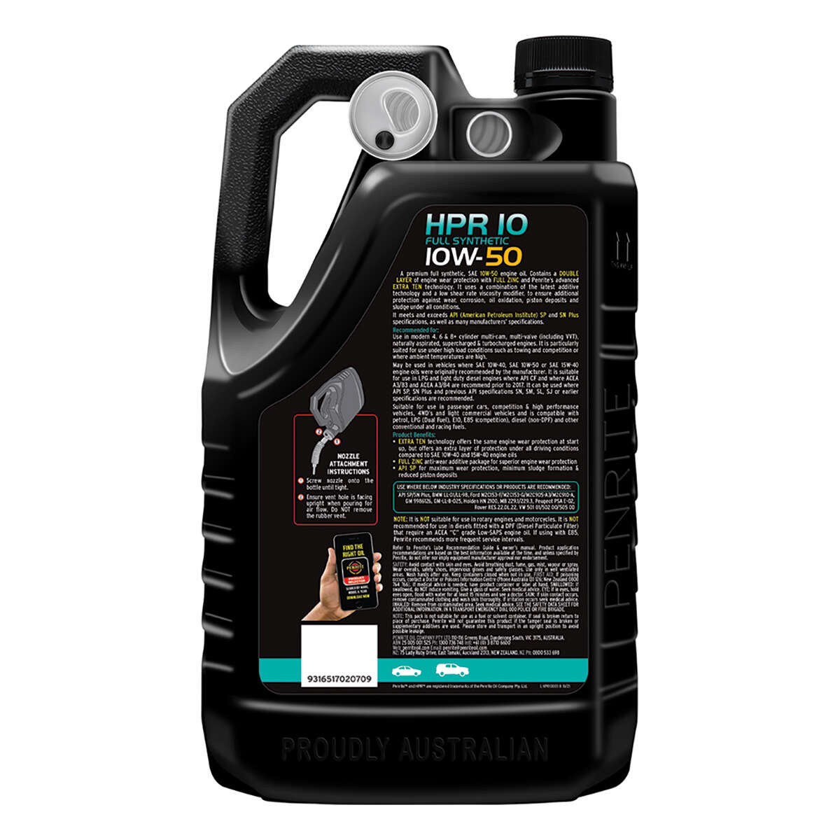 Penrite HPR 10 Engine Oil 10W-50 5 Litre, angle view