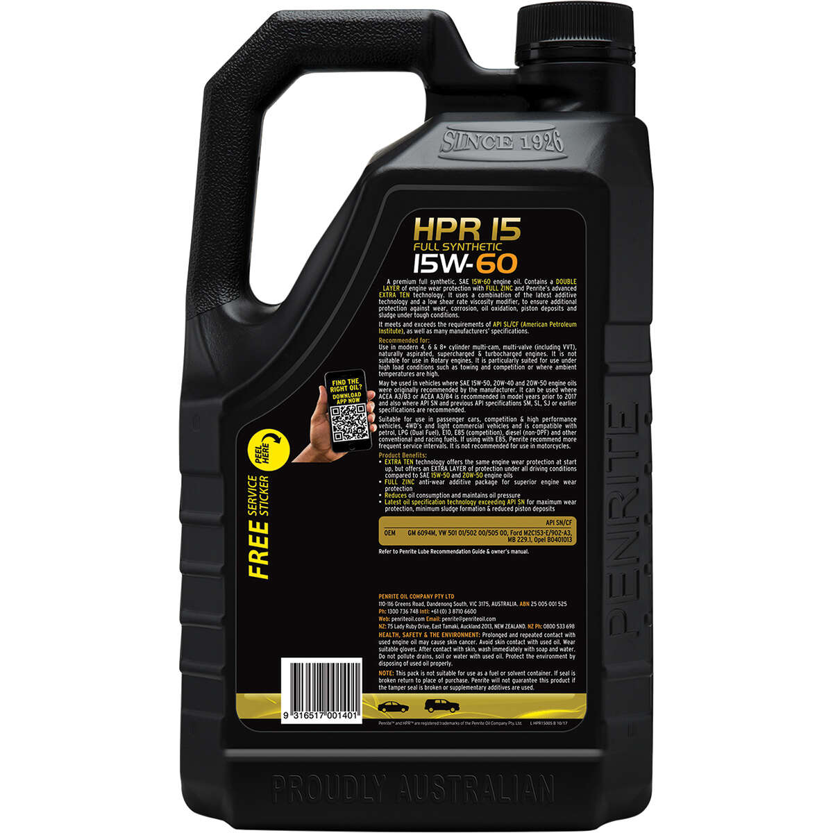 Penrite HPR 15 Engine Oil 15W-60 5 Litre, angle view