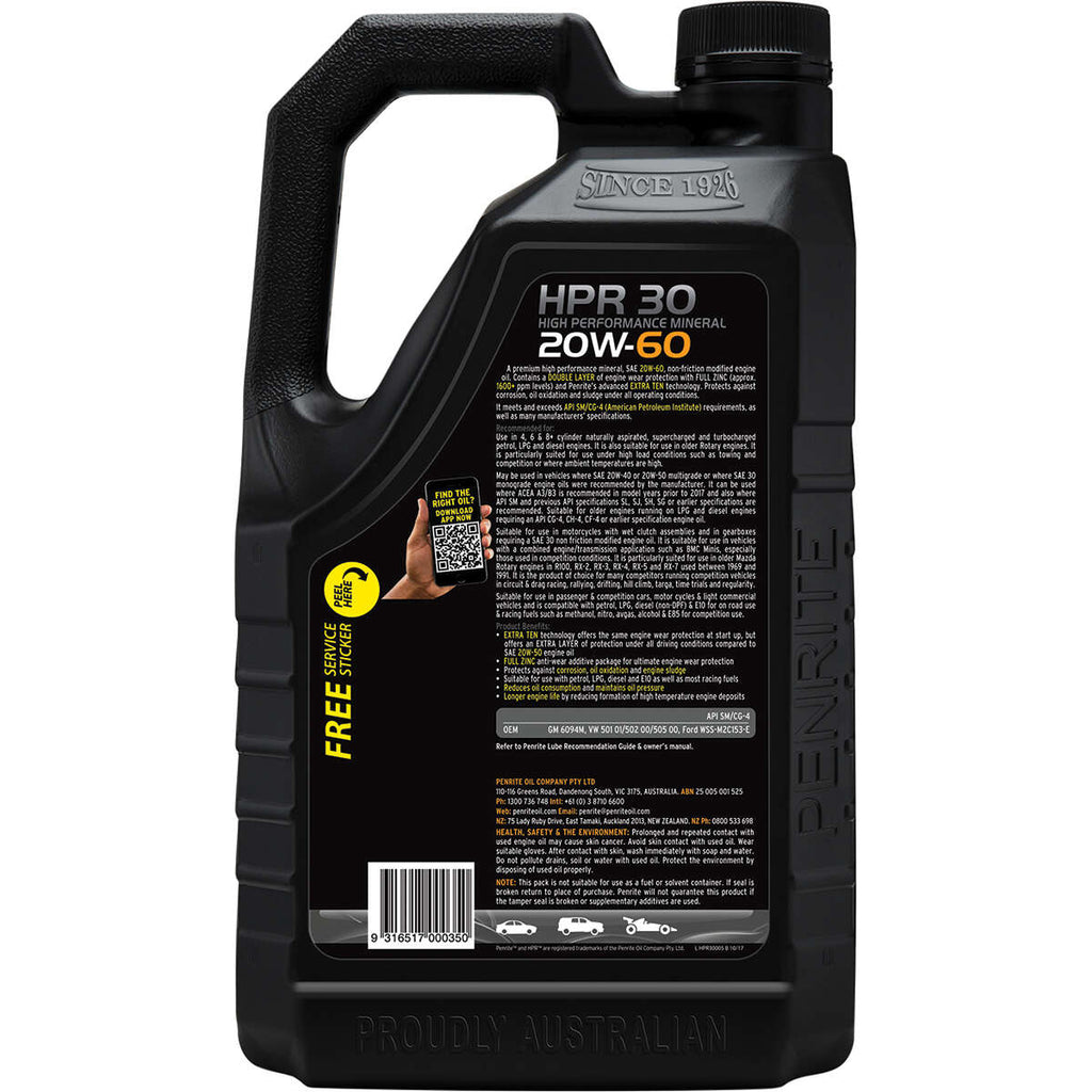Penrite HPR 30 Engine Oil 20W-60 5 Litre, angle view