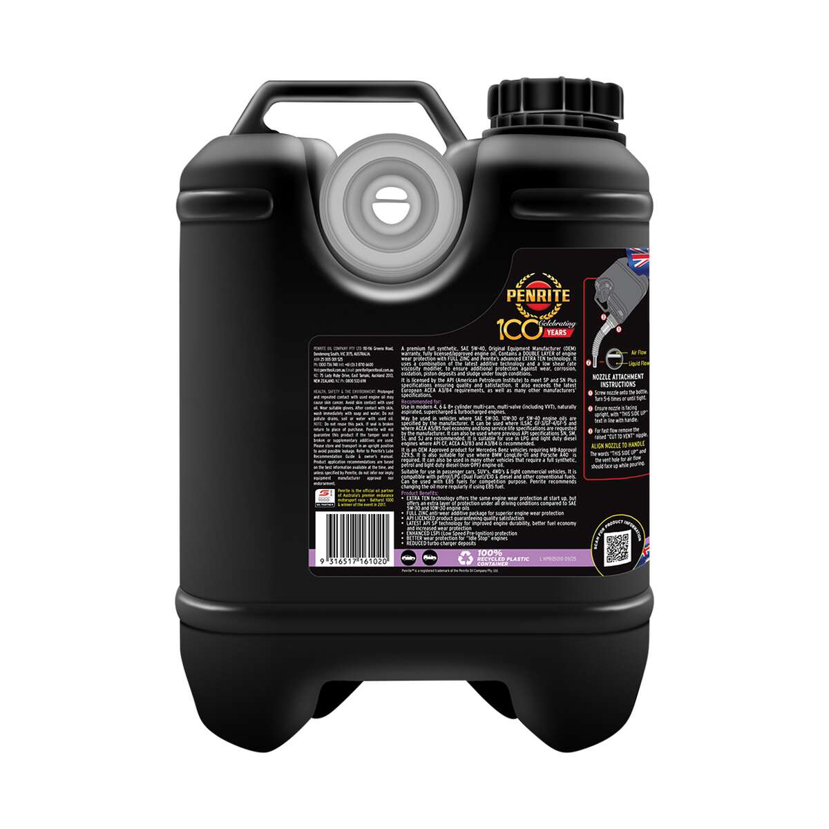 Penrite HPR 5 Engine Oil 5W-40 10 Litre, angle view