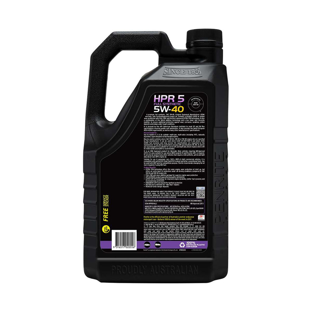 Penrite HPR 5 Engine Oil 5W-40 5 Litre, angle view