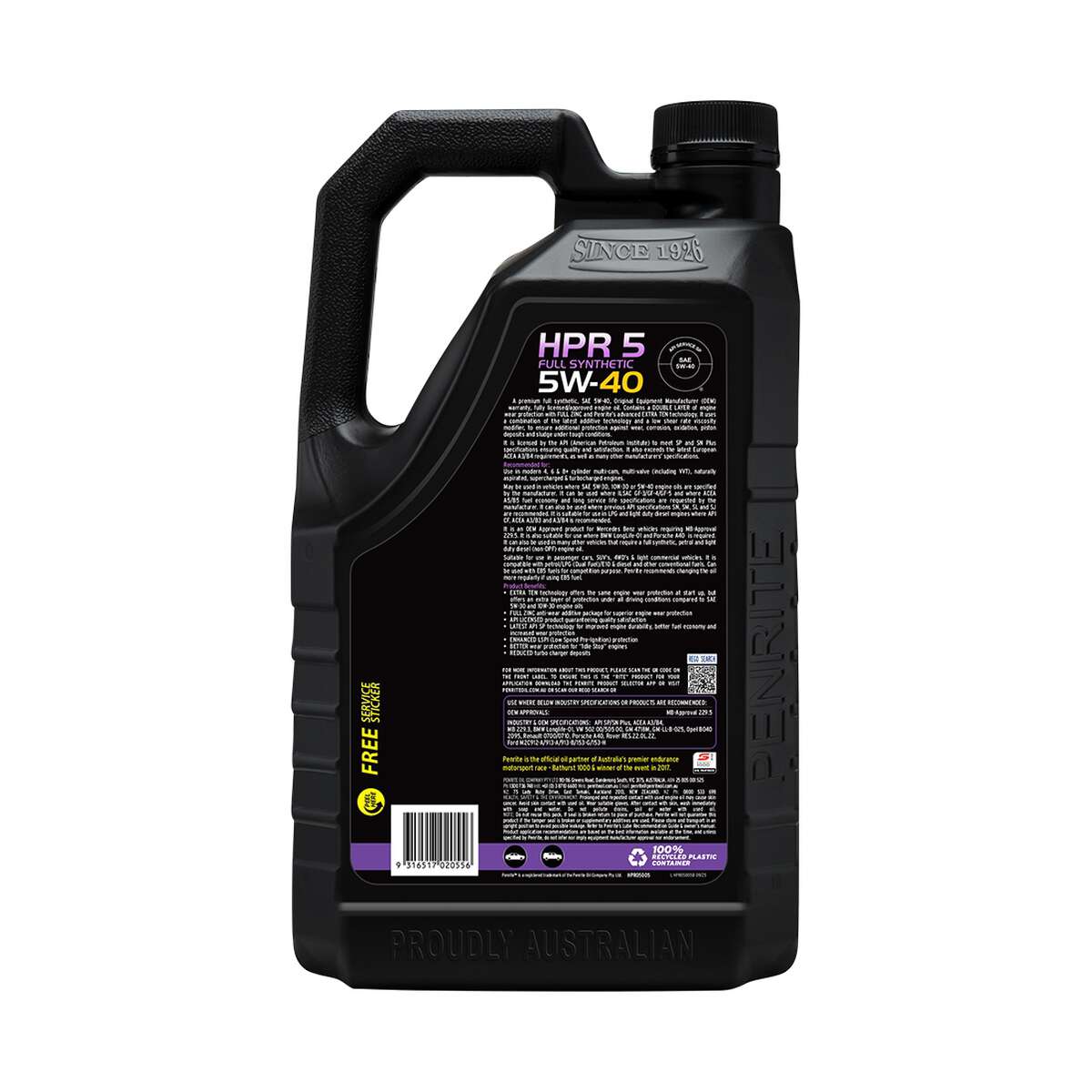 Penrite HPR 5 Engine Oil 5W-40 5 Litre, angle view