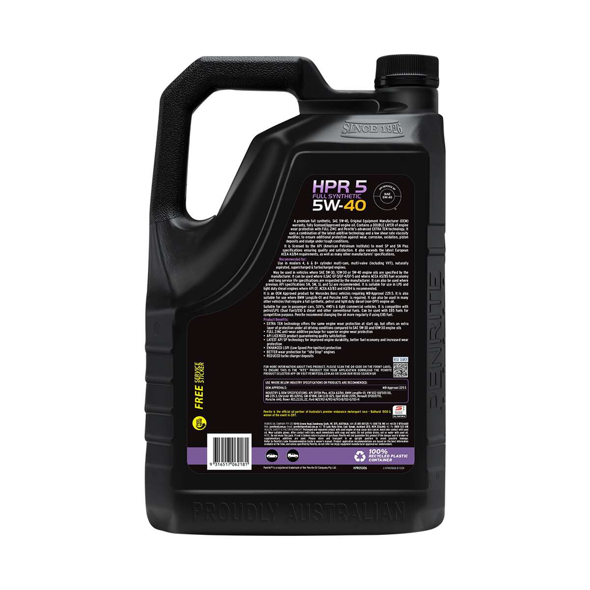 Penrite HPR 5 Engine Oil 5W-40 6 Litre, angle view