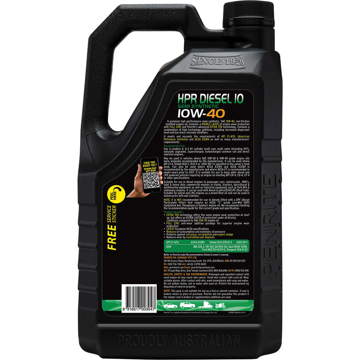 Penrite HPR Diesel 10 Engine Oil 10W-40 5 Litre, angle view