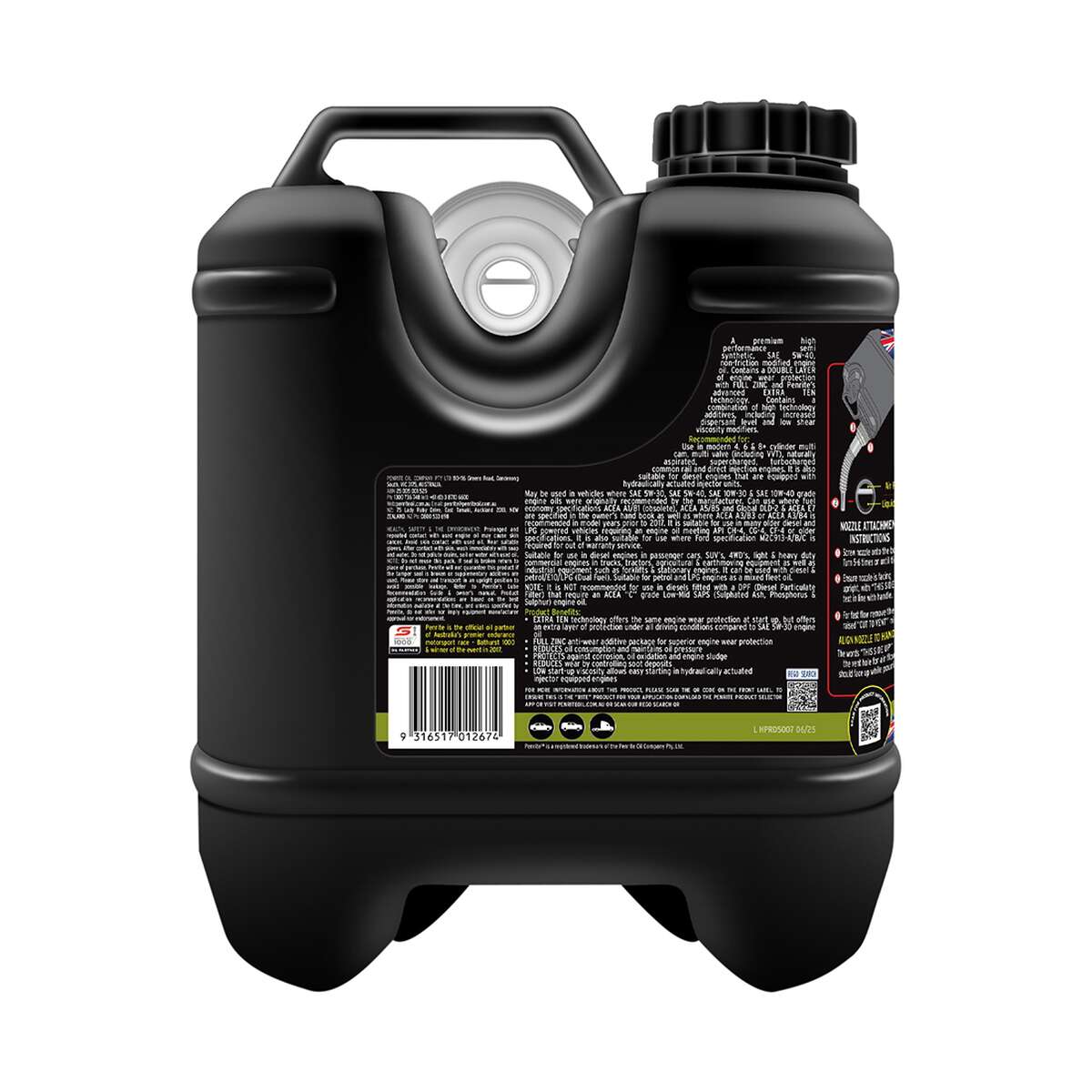 Penrite HPR Diesel 5 Engine Oil 5W-40 7 Litre, angle view