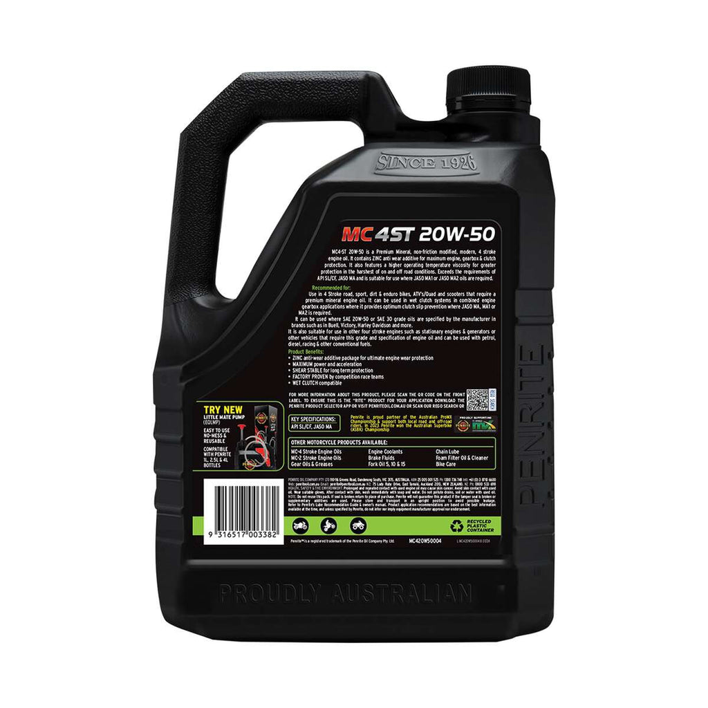 Penrite MC-4 Motorcycle Oil 20W-50 4 Litre, angle view