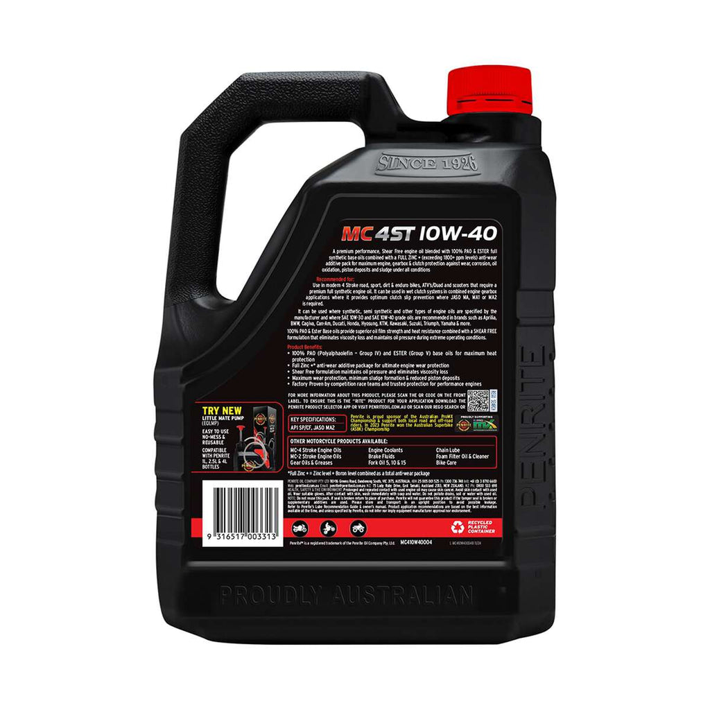 Penrite MC-4 PAO & Ester Motorcycle Oil 10W-40 4 Litre, angle view