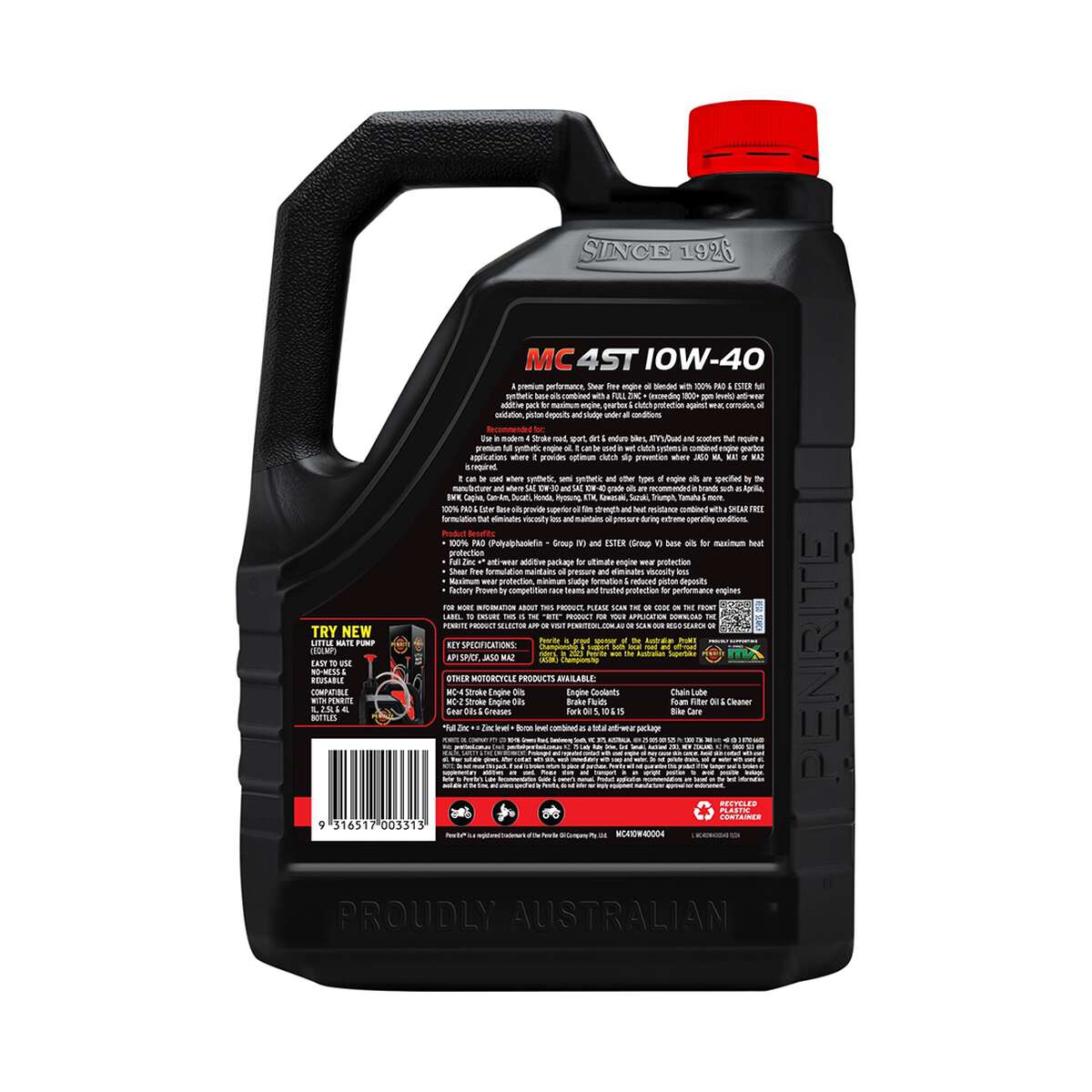 Penrite MC-4 PAO & Ester Motorcycle Oil 10W-40 4 Litre, angle view