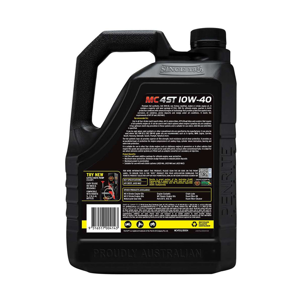 Penrite MC-4 Synthetic Motorcycle Oil 10W-40 4 Litre, angle view