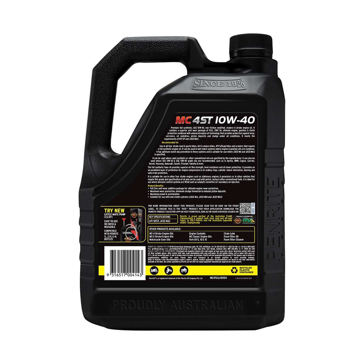 Penrite MC-4 Synthetic Motorcycle Oil 10W-40 4 Litre, angle view
