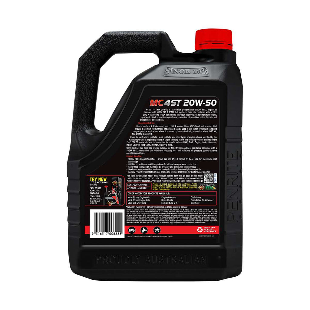 Penrite MC-4 V-Twin Motorcycle Oil 20W-50 4 Litre, angle view