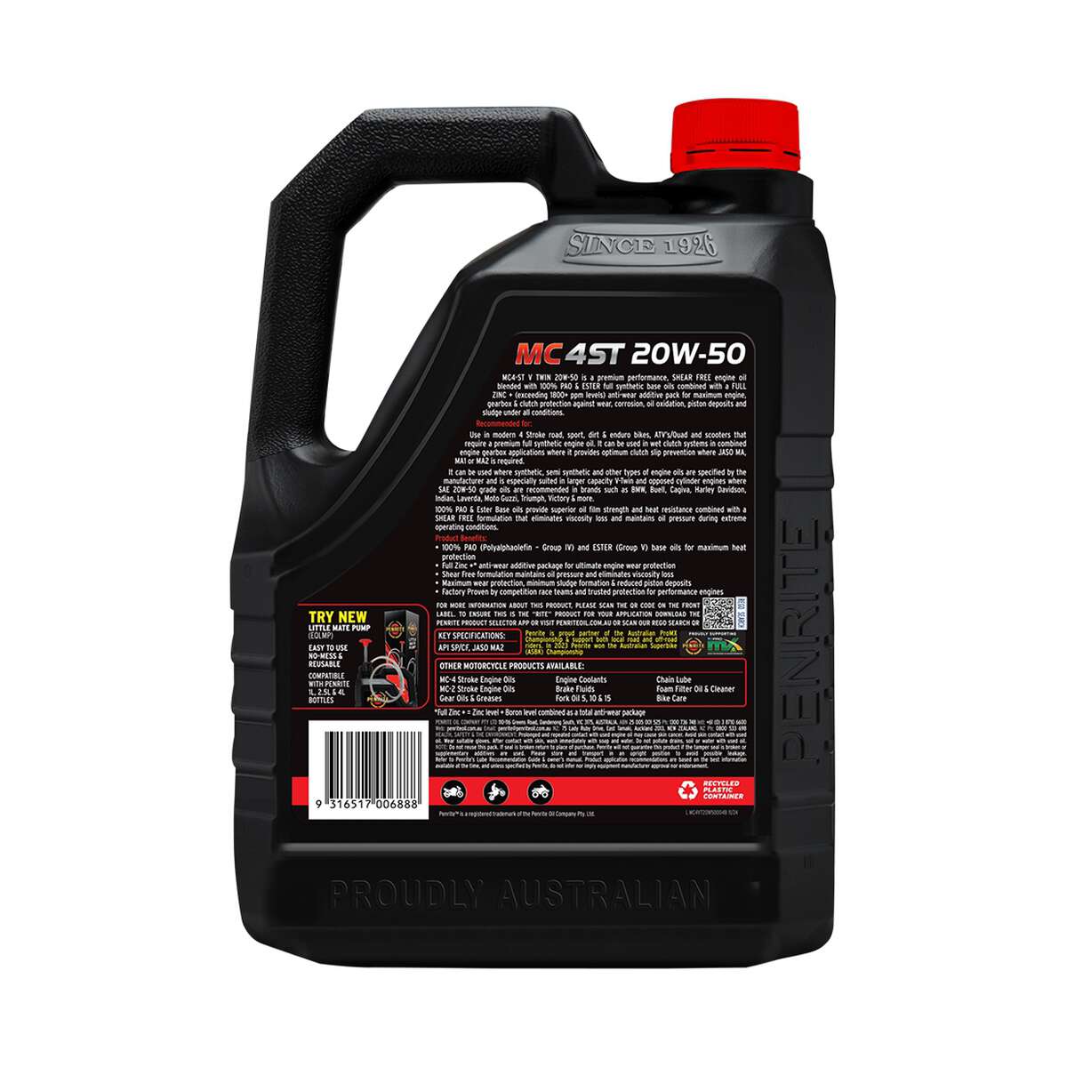 Penrite MC-4 V-Twin Motorcycle Oil 20W-50 4 Litre, angle view