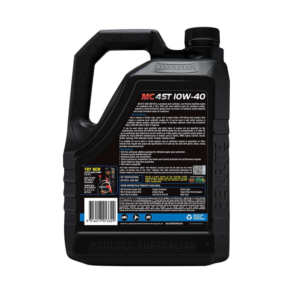Penrite MC-4ST Semi Synthetic Motorcycle Oil 10W-40 4 Litre, angle view