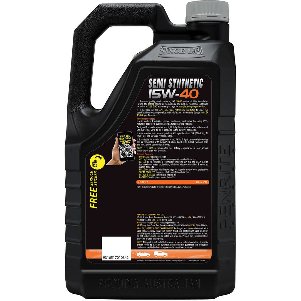 Penrite Semi Synthetic Everyday Engine Oil 15W-40 5 Litre, angle view