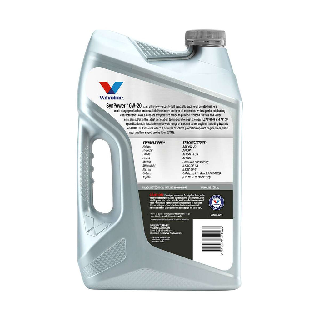 Valvoline SynPower Engine Oil 0W-20 6 Litre, angle view